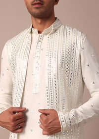 White Georgette Jacket Kurta Set With Sequin Embellishment