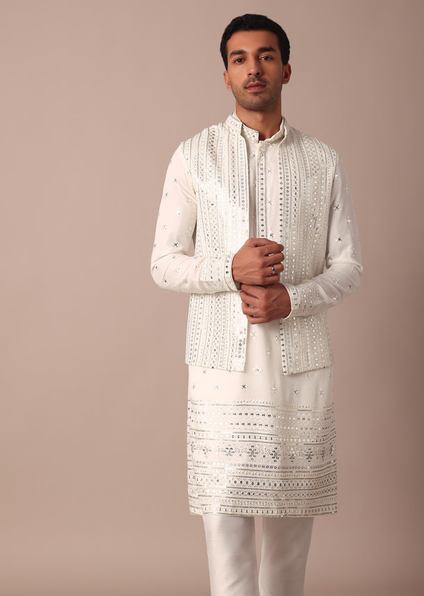 White Georgette Jacket Kurta Set With Sequin Embellishment