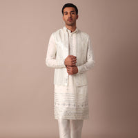 White Georgette Jacket Kurta Set With Sequin Embellishment