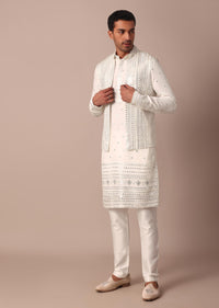 White Georgette Jacket Kurta Set With Sequin Embellishment