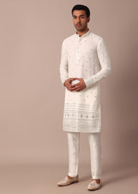 White Georgette Jacket Kurta Set With Sequin Embellishment