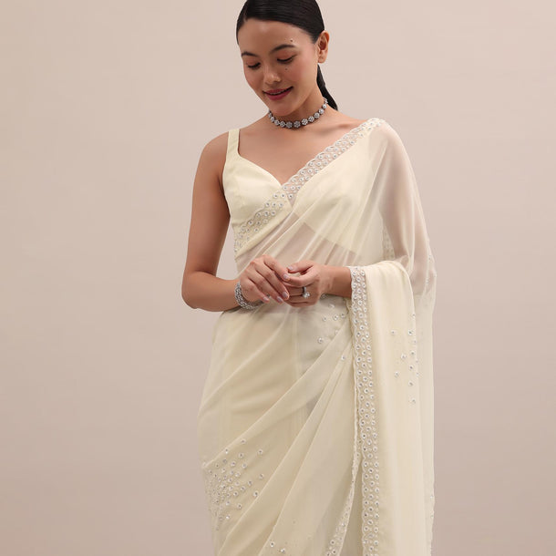 White Georgette Saree In Sequins With Unstitched Blouse