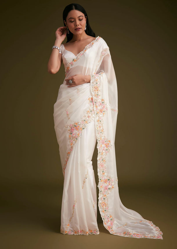 White Glass Tissue Saree With Floral Embroidery