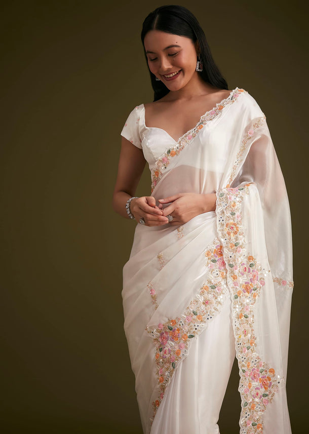 White Glass Tissue Saree With Floral Embroidery