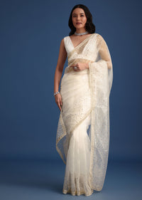 White Glass Tissue Saree With Sequin Embellishments