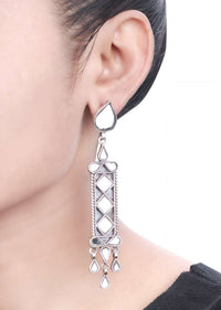 White Glass Work Earrings Hand Crafted In Geometric Motifs With Dangling Tassel Made In Sterling Silver By Sangeeta Boochra
