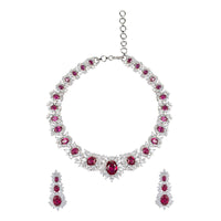 White Gold Finished Necklace And Earrings Set With Faux Ruby And Zircon Stones By Aster