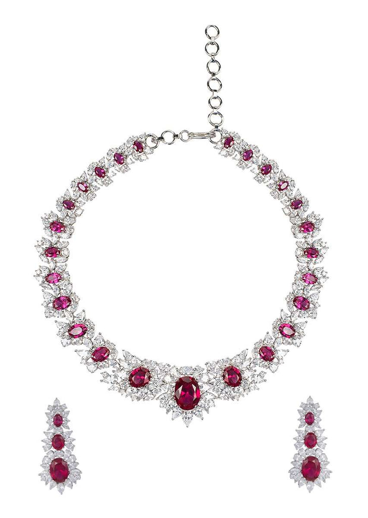 White Gold Finished Necklace And Earrings Set With Faux Ruby And Zircon Stones By Aster