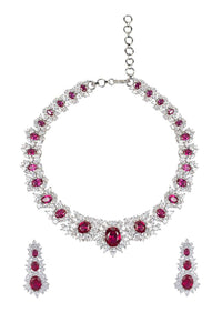 White Gold Finished Necklace And Earrings Set With Faux Ruby And Zircon Stones By Aster