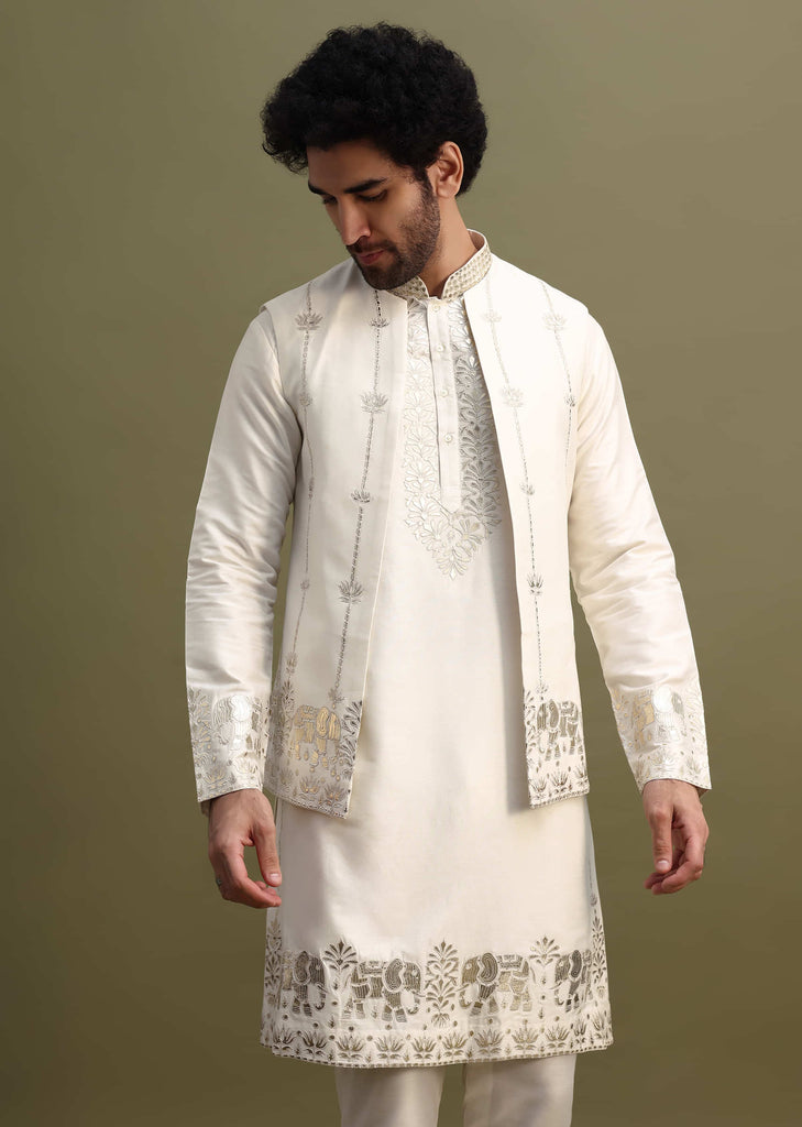 White Gold Foil Apllique Work On Kurta Jacket Set