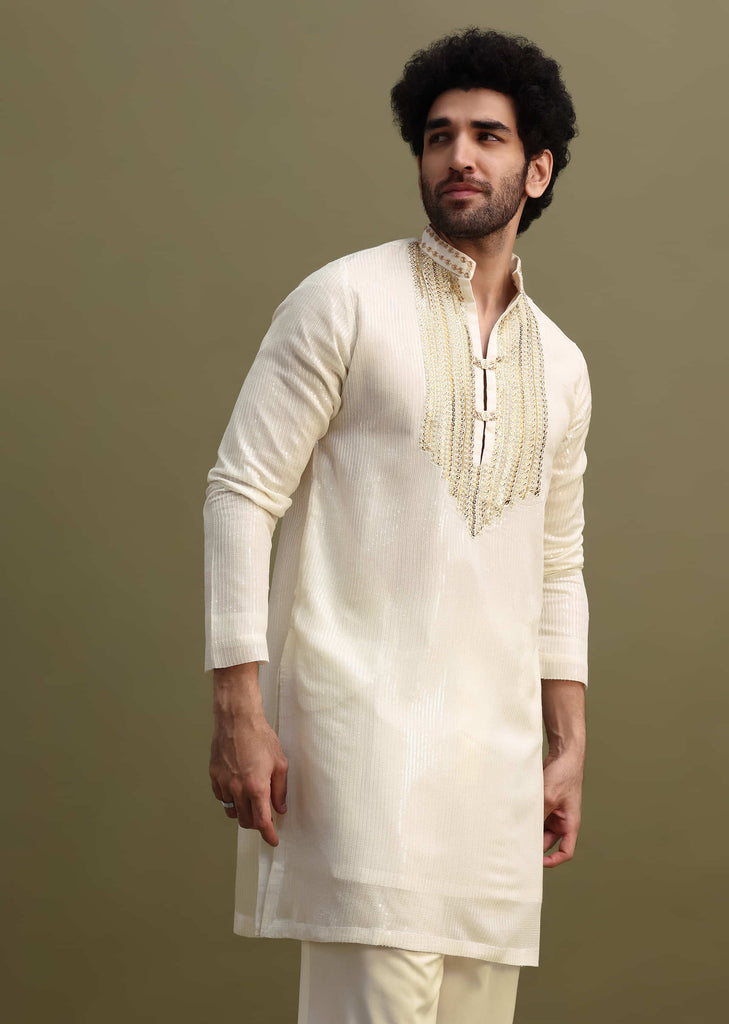 White Gold Sequin Kurta With Loose Fitted Pants