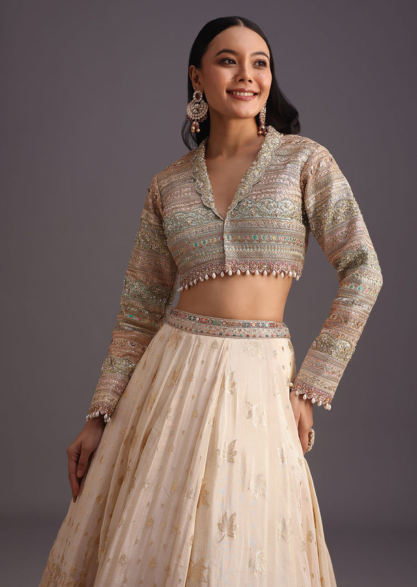 White Gotta Work Choli With Banarasi Weave Lehenga
