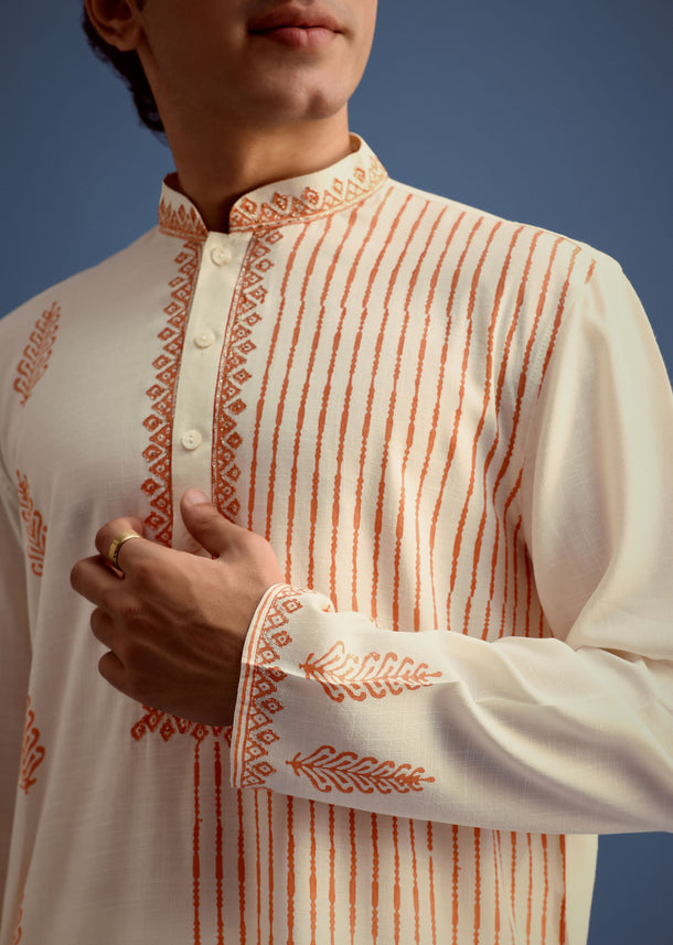 White Hand Block Print Kurta Set With Zari Work