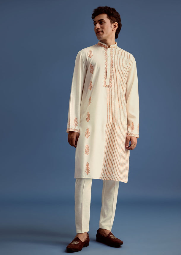 White Hand Block Print Kurta Set With Zari Work