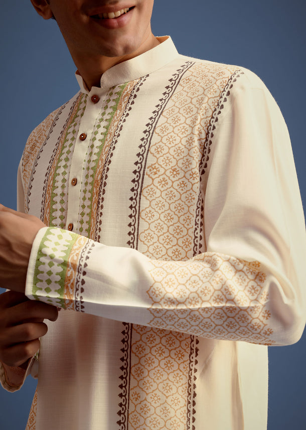White Hand Block Printed Kurta Set With Zari Embroidery