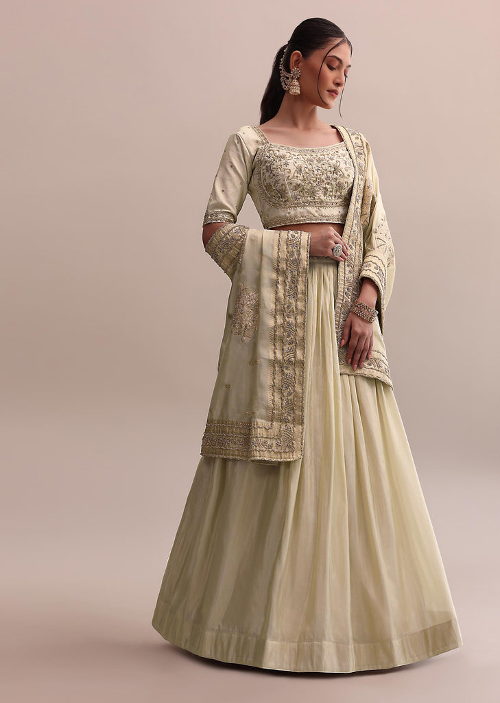 White Hand Work Embroidered Silk Choli With Lehenga And Heavy Dupatta