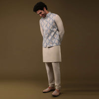 White Jacket Kurta Set In Silk With Machine Embroidery