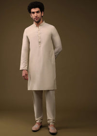 White Jacket Kurta Set In Silk With Machine Embroidery