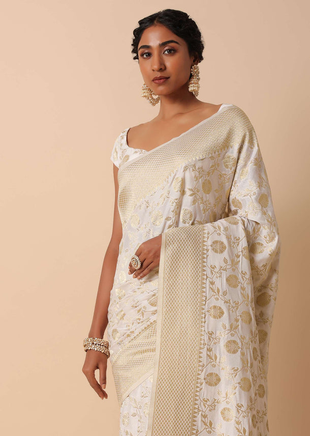 White Kanjeevaram Dola Silk Saree With Unstitched Blouse