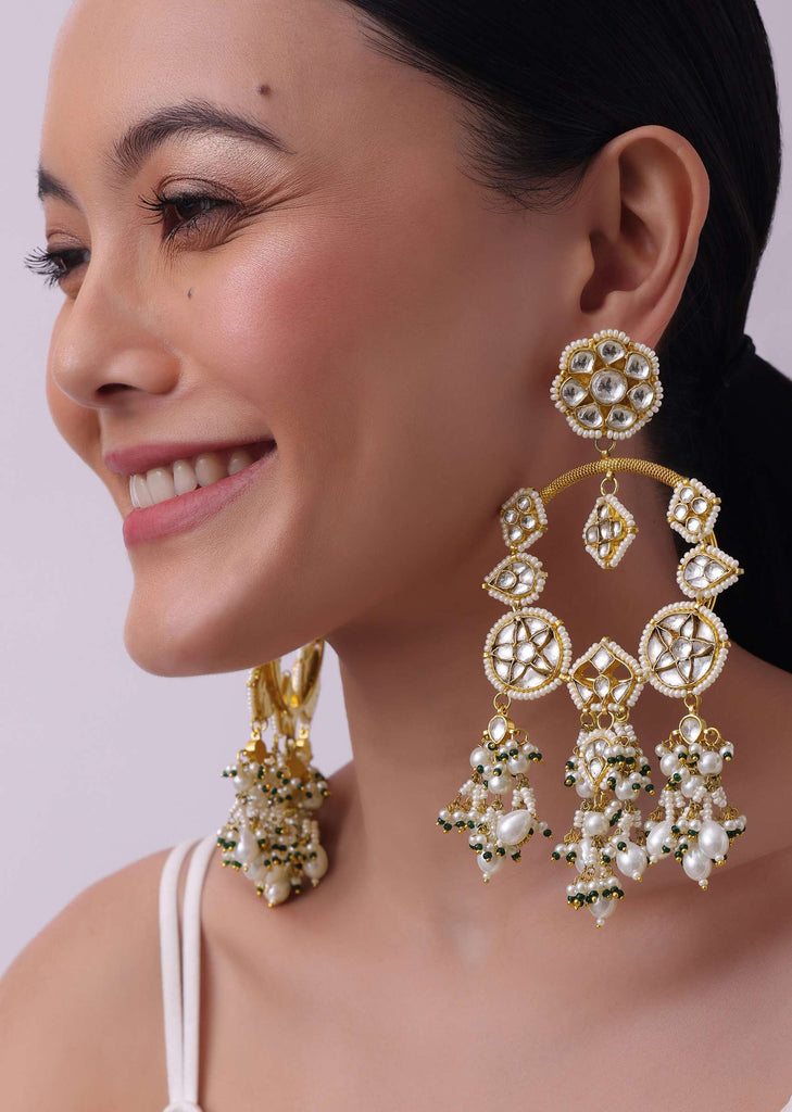 White Kundan Chandbalis With Pearls In Mix Metal