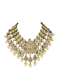 White Kundan Choker Necklace Set With Floral Motif In Mix Metal