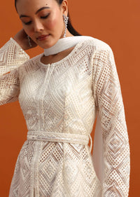 White Kurta Palazzo Set With Dupatta And Belt