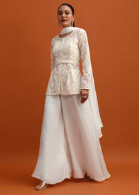 White Kurta Palazzo Set With Dupatta And Belt