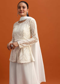 White Kurta Palazzo Set With Dupatta And Belt