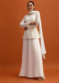 White Kurta Palazzo Set With Dupatta And Belt