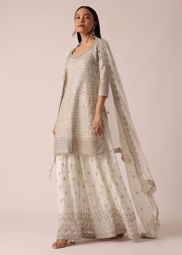 White Kurta Palazzo Set In Chanderi With Sequin Embroidery