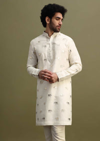 White Kurta With Gold Foil Applique Motifs