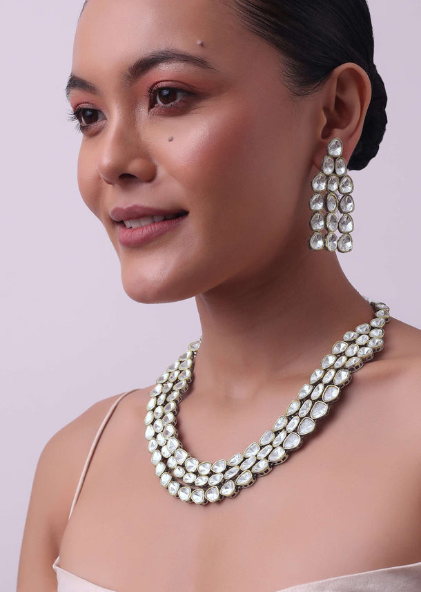 White Layered Polki Necklace Set With Matching Danglers