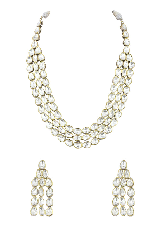 White Layered Polki Necklace Set With Matching Danglers