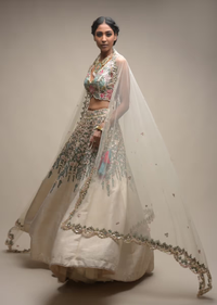 White Lehenga Choli In Raw Silk With Resham And Floral Sequins Embroidered Petals