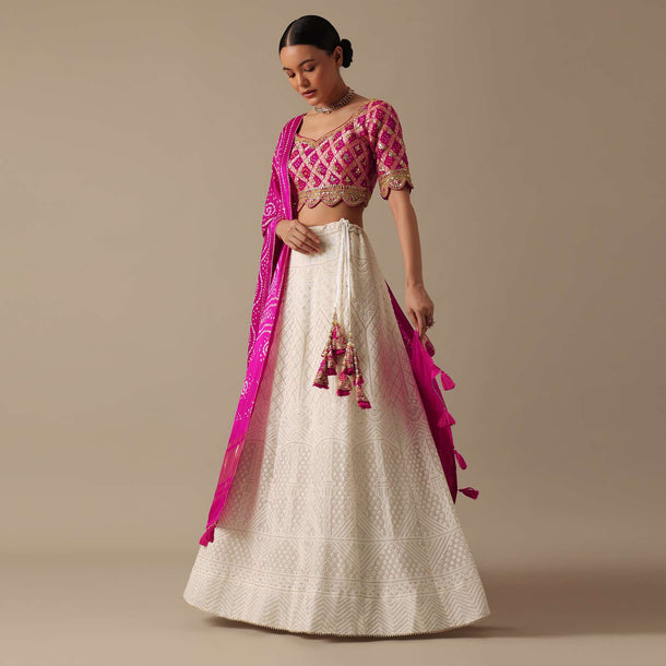 White Lehenga Set With Lucknowi Work