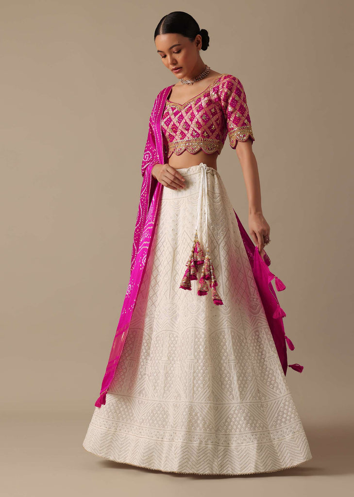 White Lehenga Set With Lucknowi Work