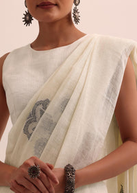 White Linen Saree In Abstract Thread Work And Unstitched Blouse