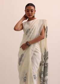 White Linen Saree In Abstract Thread Work And Unstitched Blouse