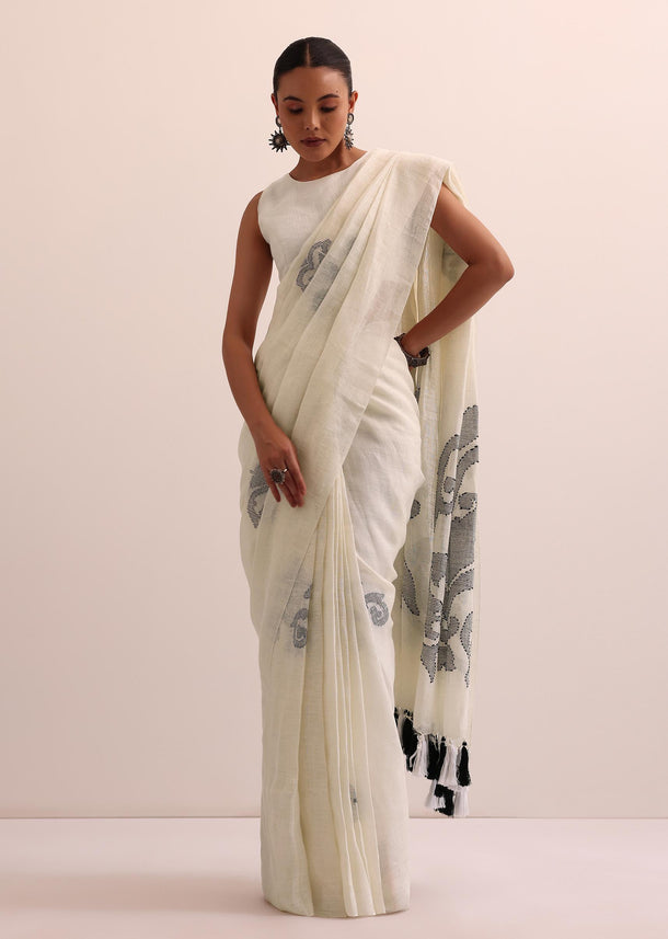 White Linen Saree In Abstract Thread Work And Unstitched Blouse