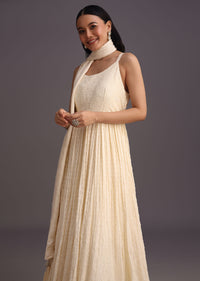 White Lucknowi Anarkali With Butti Work Dupatta