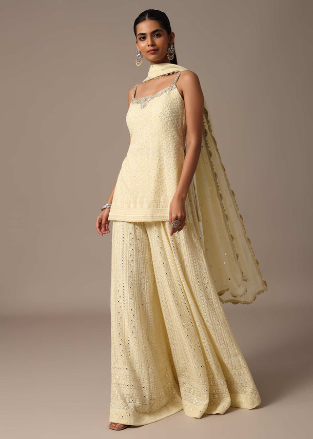 White Lucknowi Embroidered Kurta Palazzo Set With Dupatta