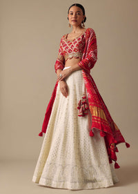 White Lucknowi Lehenga Set With Bandhani Dupatta