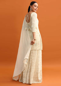 White Lucknowi Work Palazzo Set With Dupatta