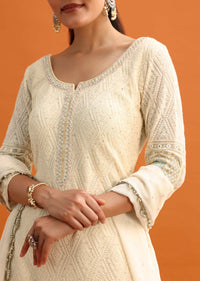 White Lucknowi Work Palazzo Set With Dupatta