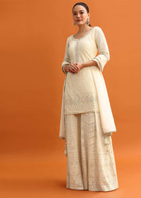 White Lucknowi Work Palazzo Set With Dupatta