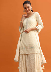 White Lucknowi Work Palazzo Set With Dupatta