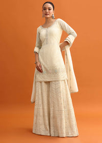 White Lucknowi Work Palazzo Set With Dupatta