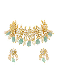 White And Mint Green Choker Set In Gold Finish Mix Metal