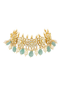 White And Mint Green Choker Set In Gold Finish Mix Metal