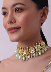 White And Mint Green Choker Set In Gold Finish Mix Metal